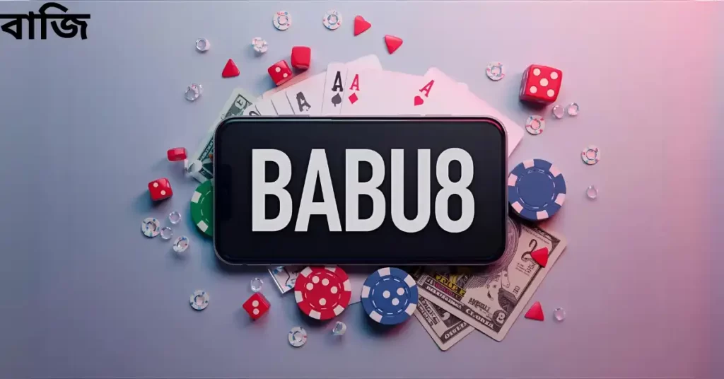 "Cards, chips, dice, and money displayed on a smartphone with a large overlay text ‘babu88 বাজি’."