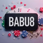 "Cards, chips, dice, and money displayed on a smartphone with a large overlay text ‘babu88 বাজি’."