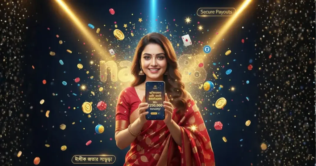 Bangladeshi woman smiling and celebrating while looking at her phone, surrounded by glowing lights, golden tokens, and a bright “nogod 88” logo.