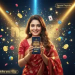 Bangladeshi woman smiling and celebrating while looking at her phone, surrounded by glowing lights, golden tokens, and a bright “nogod 88” logo.