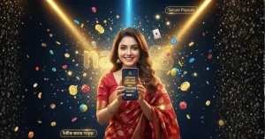 Bangladeshi woman smiling and celebrating while looking at her phone, surrounded by glowing lights, golden tokens, and a bright “nogod 88” logo.